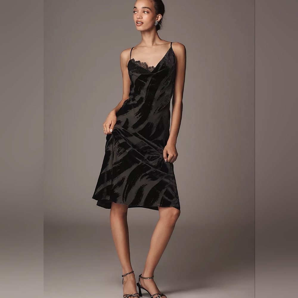 Anthropologie Cowl-Neck Black Midi Slip Dress Velvet And Lace Detail MP